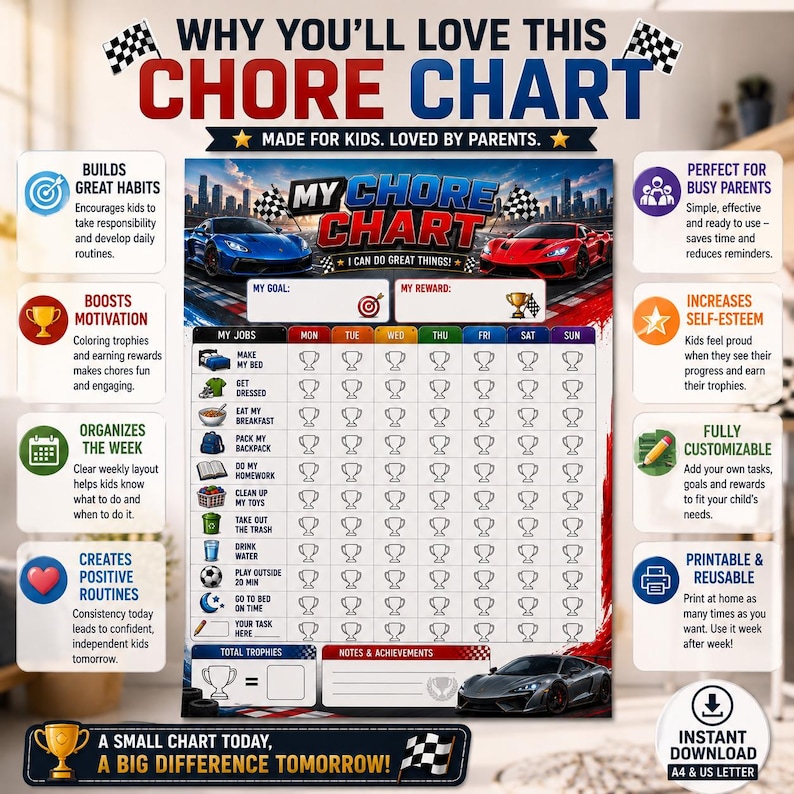 Race Car Kids Chore Chart | Boys Weekly Responsibility Tracker (PDF ...