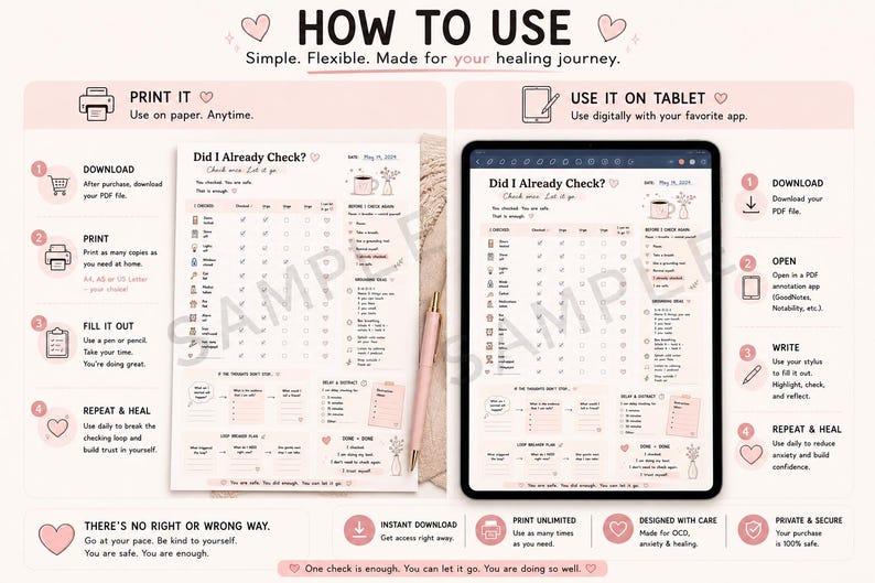 OCD checking tracker printable how to use guide with watermark, print at home or use digitally on tablet or iPad