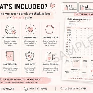 What’s included OCD checking printable with watermark showing A4 A5 and US Letter sizes, grounding tools and anxiety support worksheets