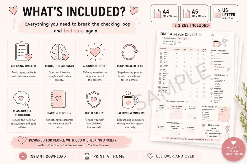 What’s included OCD checking printable with watermark showing A4 A5 and US Letter sizes, grounding tools and anxiety support worksheets