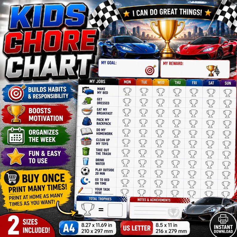 Race Car Kids Chore Chart | Boys Weekly Responsibility Tracker (PDF ...