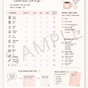 Preview of OCD checking tracker printable with watermark, calming worksheet designed to break checking loops and feel safe again