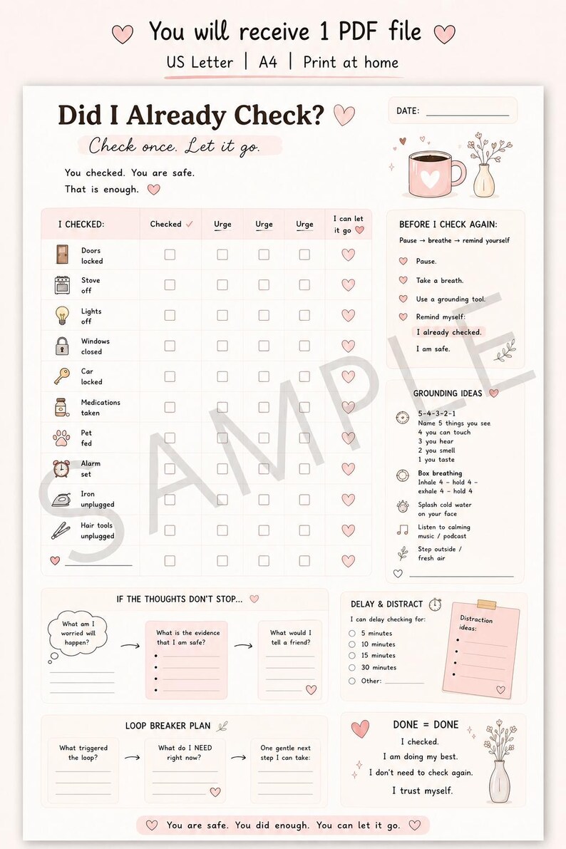 Preview of OCD checking tracker printable with watermark, calming worksheet designed to break checking loops and feel safe again