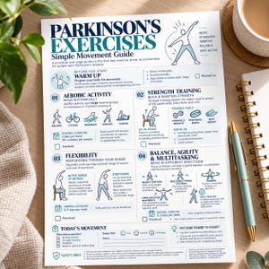 May include: A white informational sheet titled Parkinson's Exercises Simple Movement Guide, featuring blue and teal text and illustrations. It outlines four exercise categories: aerobic activity, strength training, flexibility, and balance.