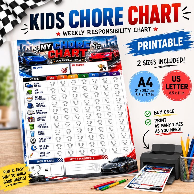 Race Car Kids Chore Chart | Boys Weekly Responsibility Tracker (PDF ...
