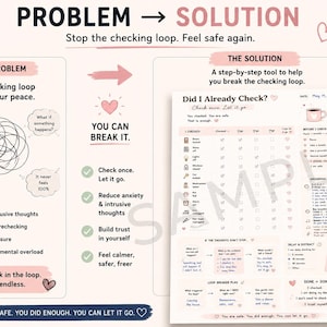 OCD checking problem vs solution printable mockup with watermark showing how to stop rechecking and reduce intrusive thoughts