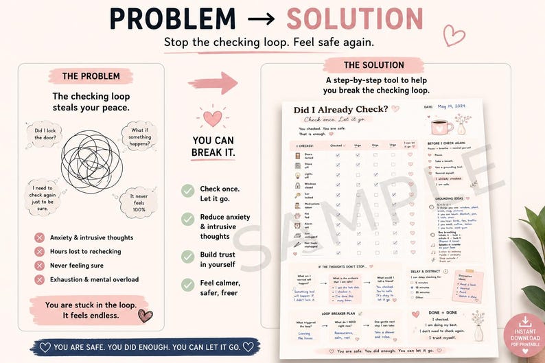 OCD checking problem vs solution printable mockup with watermark showing how to stop rechecking and reduce intrusive thoughts
