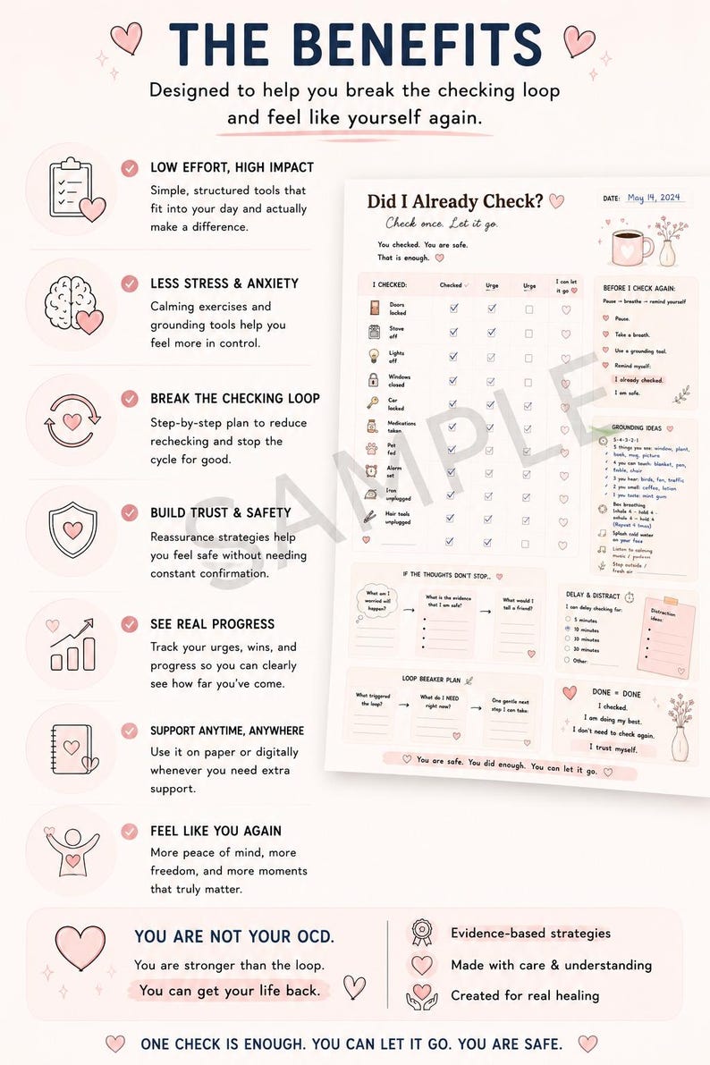 OCD checking tracker printable benefits graphic with watermark helping break checking loops and feel safe again