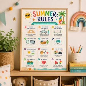 Op de afbeelding: Een ingelijste poster met de titel Summer Rules met twaalf genummerde kleurrijke illustraties en tekstprompts voor kinderen, inclusief iconen van een fiets, een open boek, een tablet, een helm, een camera en een watermeloen op een lichte achtergrond.