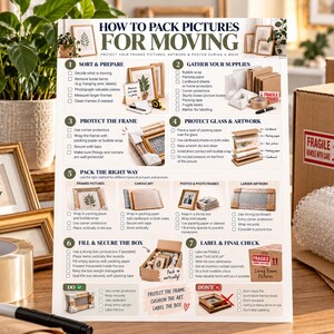 Op de afbeelding: Een witte instructieposter getiteld HOW TO PACK PICTURES FOR MOVING met zeven genummerde stappen, checklists en illustraties van verpakkingsmateriaal, karton, noppenfolie en dozen om ingelijste kunstwerken en foto's te beschermen tijdens een verhuizing.