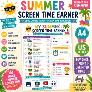 以下が含まれることがあります： カラフルなアイコンとテキストが特徴の、印刷可能な夏のスクリーンタイム管理表。ベッドメイキング、歯磨き、読書などの日課チェックリストに加え、合計時間や目標時間を記録するためのセクションが含まれています。