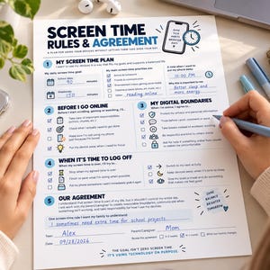 Peut inclure: Un document papier blanc intitulé Screen Time Rules & Agreement avec du texte et des icônes en bleu et noir. Le formulaire comprend des sections pour un plan de temps d'écran, des limites numériques et des habitudes de déconnexion.