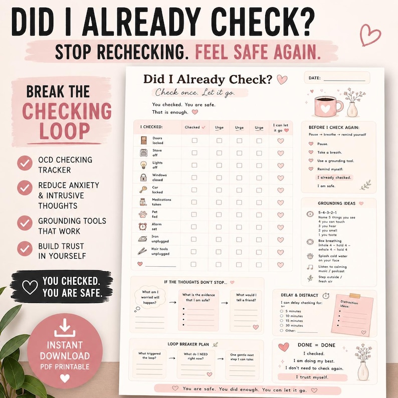 Stop rechecking OCD printable worksheet thumbnail helping with intrusive thoughts, checking anxiety and feeling safe again