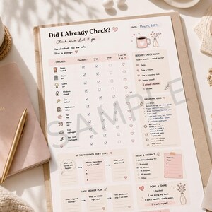 Aesthetic lifestyle scene featuring OCD checking printable planner, calming self care setup and anxiety relief worksheet