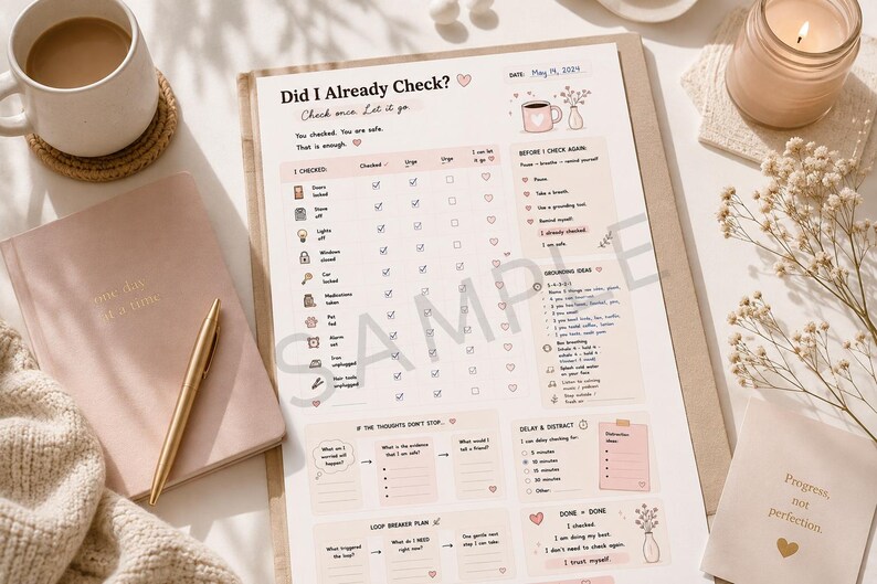 Aesthetic lifestyle scene featuring OCD checking printable planner, calming self care setup and anxiety relief worksheet
