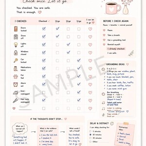OCD checking tracker filled example worksheet with watermark showing calming steps for anxiety and checking compulsions
