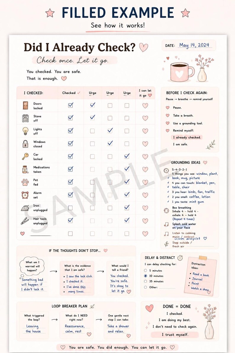 OCD checking tracker filled example worksheet with watermark showing calming steps for anxiety and checking compulsions