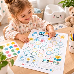 Puede incluir: Una tabla de entrenamiento para ir al baño blanca con pegatinas de estrellas de colores, que incluye el texto 'MY POTTY TRAINING CHART', 'HOW TO USE' y 'MY REWARD'. La tabla contiene una cuadrícula de círculos vacíos y varias instrucciones ilustradas.