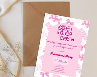 Girls Night In Friendsmas Invitation, Pink Christmas Party Invite, Printable Digital Download, Holiday Girls Party, Editable Template