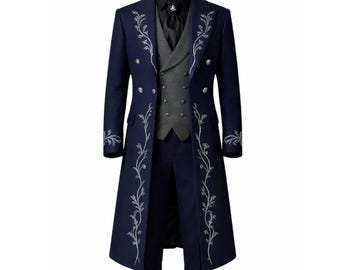 Men’s Navy Blue Victorian Suit – Gothic Steampunk Long Embroidered Tailcoat | Formal Coat | Vampire Wedding Outfit | Vintage Regency Jacket