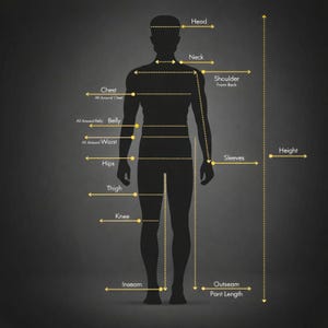 May include: A black silhouette of a human figure against a dark grey background, featuring yellow dashed lines and arrows indicating body measurements for head, neck, shoulder, chest, belly, waist, hips, thigh, knee, inseam, sleeves, outseam, and height.