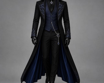 Men’s Victorian Gothic Coat Black Blue Tailcoat – Vampire Lord Jacket – Steampunk Formal Aristocrat Long Coat – demon Party Festival Costume