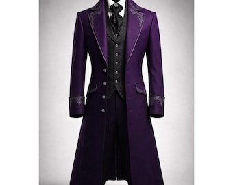 Men’s Purple Victorian Suit – Gothic Steampunk Long Coat with Waistcoat | Formal Coat | Vampire Wedding Outfit | Vintage Gothic Jacket