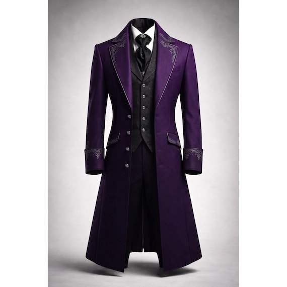 Men’s Purple Victorian Suit – Gothic Steampunk Long Coat with Waistcoat | Formal Coat | Vampire Wedding Outfit | Vintage Gothic Jacket