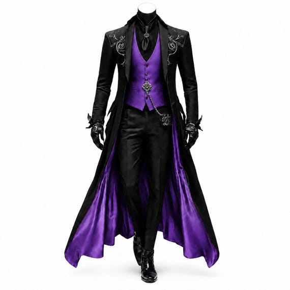 Men’s Gothic Victorian Tailcoat Black Purple Long Coat| Steampunk Vampire Prince Cotton Coat | Wedding Prom Cosplay | Renaissance Costume
