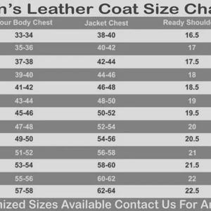 K&ouml;nnte beinhalten: Eine Gr&ouml;&szlig;entabelle f&uuml;r Lederjacken f&uuml;r Herren mit Ma&szlig;en f&uuml;r Brust, Schultern und &Auml;rmel. Gr&ouml;&szlig;en von XXS bis 8XL. Der Text "Men's Leather Coat Size Chart" ist enthalten.