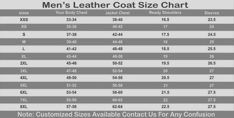 K&ouml;nnte beinhalten: Eine Gr&ouml;&szlig;entabelle f&uuml;r Lederjacken f&uuml;r Herren mit Ma&szlig;en f&uuml;r Brust, Schultern und &Auml;rmel. Gr&ouml;&szlig;en von XXS bis 8XL. Der Text "Men's Leather Coat Size Chart" ist enthalten.