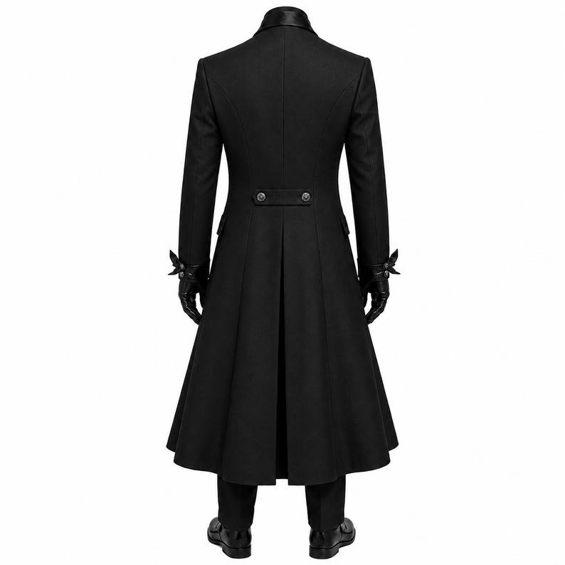 May include: A long black coat featuring a high collar, long sleeves with decorative cuffs, and a back vent. The coat includes a horizontal waist tab with two buttons. The ensemble is completed with black trousers and black leather gloves.