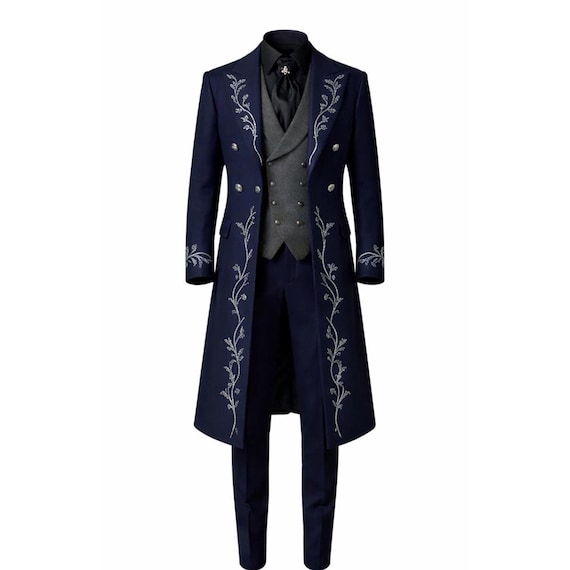 Men’s Navy Blue Victorian Suit – Gothic Steampunk Long Embroidered Tailcoat | Formal Coat | Vampire Wedding Outfit | Vintage Regency Jacket