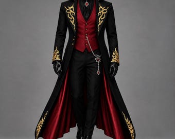Men's Gothic Vampire Tailcoat, Black Gold Victorian Coat, Steampunk Wedding Outfit, Dracula Prince Jacket, Gothic Red Demon Formal Costume