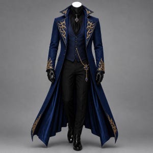 Heren koningsblauwe gotische Victoriaanse rokjas, goudgeborduurde steampunkjas, vampierheer trouwjas, renaissance gotisch prinsenkostuum