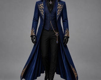 Herren-Frack in Königsblau im viktorianischen Gothic-Stil, goldbestickter Steampunk-Mantel, Hochzeitsjacke im Stil eines Vampirfürsten, Renaissance-Gothic-Prinzenkostüm