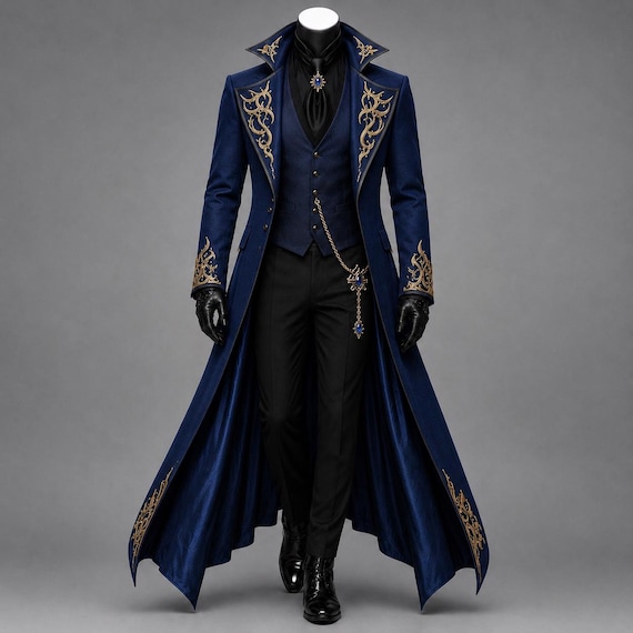 Mens Royal Blue Gothic Victorian Tailcoat, Gold Embroidered Steampunk Coat, Vampire Lord Wedding Jacket, Renaissance Gothic Prince Costume