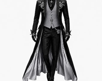 Men’s Victorian Gothic Tailcoat Suit | Steampunk Wedding Tuxedo | Black Long Coat with Gray Vest | Vampire Costume | Formal Gothic Outfit