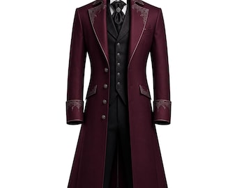 Men’s Burgundy Victorian Tailcoat Gothic Prince Coat Steampunk Wedding Frock Coat Renaissance Vampire Long Jacket Medieval Maroon Costume