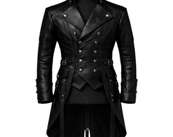 Men’s Black Steampunk Real Leather Military Tailcoat, Gothic Victorian Long Coat, Double Breasted Jacket, Vintage Frock Coat, Cosplay Outfit