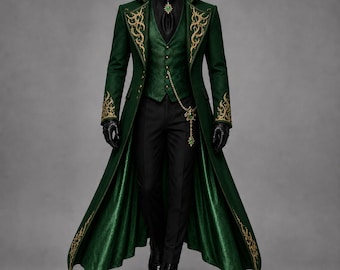 Men's Emerald Green Gothic Victorian Tailcoat , Gold Embroidered Vampire Lord Coat, Steampunk Wedding Jacket - Demon Party Long Coat Costume
