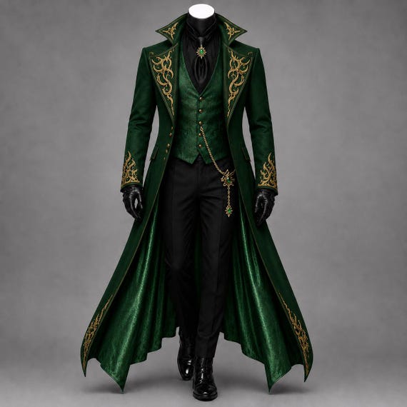 Men's Emerald Green Gothic Victorian Tailcoat , Gold Embroidered Vampire Lord Coat, Steampunk Wedding Jacket - Demon Party Long Coat Costume