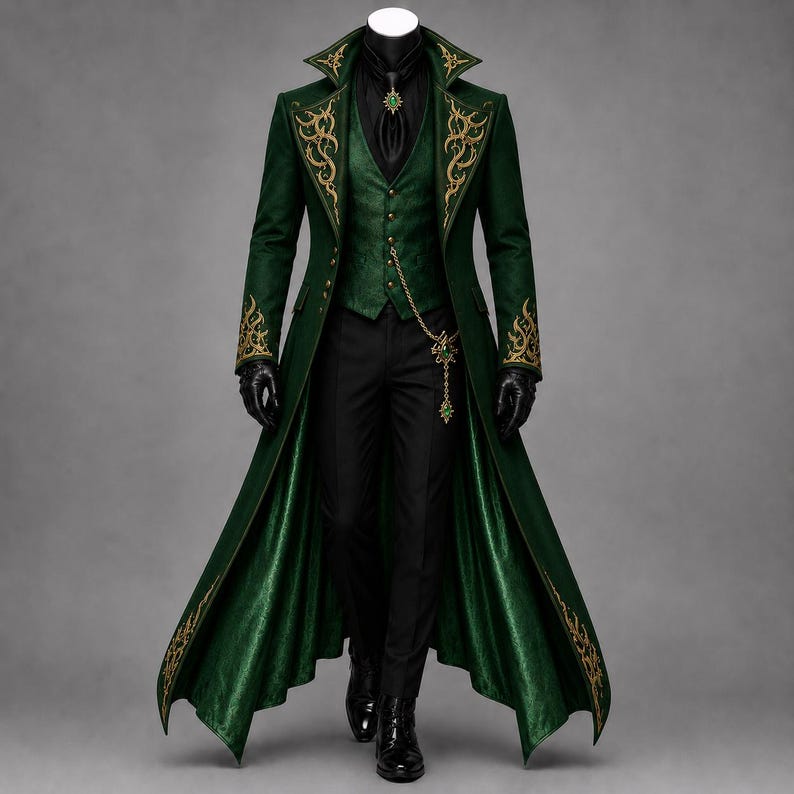 May include: A long dark green coat with gold embroidery on the lapels and cuffs, worn over a matching green vest with gold buttons, a black shirt, black trousers, and black gloves. A gold chain hangs from the vest, and a green brooch is at the neck.