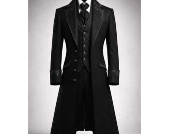 Men’s Black Victorian Suit – Gothic Steampunk Long Coat with Waistcoat | Formal Coat | Vampire Wedding Outfit | Vintage Gothic Jacket