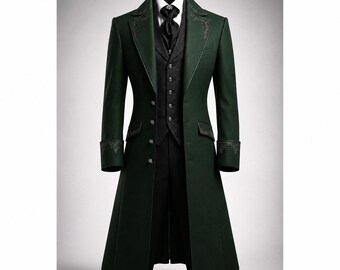 Men’s Gothic Emerald Green Victorian Tailcoat Gothic Prince Coat | Steampunk Wedding Frock Jacket Cosplay Formal Groom Coat + Vest Outfit