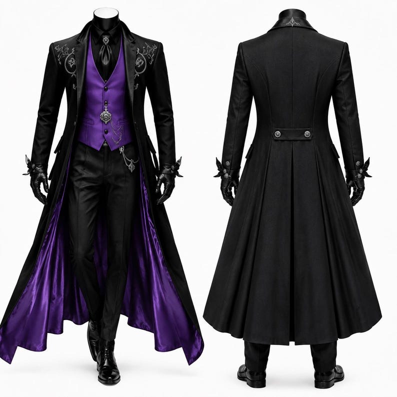 Pode incluir: Um sobretudo preto com forro roxo, usado sobre um colete roxo e uma camisa preta com gravata. O conjunto inclui cal&ccedil;as pretas, luvas pretas e uma corrente de rel&oacute;gio de bolso prateada. O casaco apresenta bordados detalhados nos ombros.