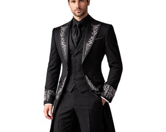 Men’s Black Gothic Victorian Tailcoat Suit – Steampunk Long Trench  Coat | Formal Cotton Coat | Vampire Wedding Outfit Jacket | Vintage Coat