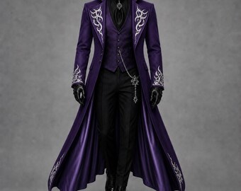 Gothic Men’s Victorian Tailcoat Purple Coat Demon Set – Steampunk Cosplay Vampire Embroidered Long Trench Coat, Wedding Medieval Costume Set