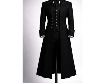 Men’s Gothic Victorian Tailcoat Black | Steampunk Coat | Slim Fit Wedding Formal Jacket | Embroidered Long Coat | Vintage Military Outfit