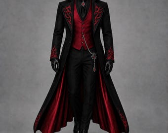 Men's Gothic Vampire Tailcoat, Black Red Victorian Coat, Steampunk Wedding Outfit, Dracula Prince Jacket, Gothic Demon Party Formal Costume